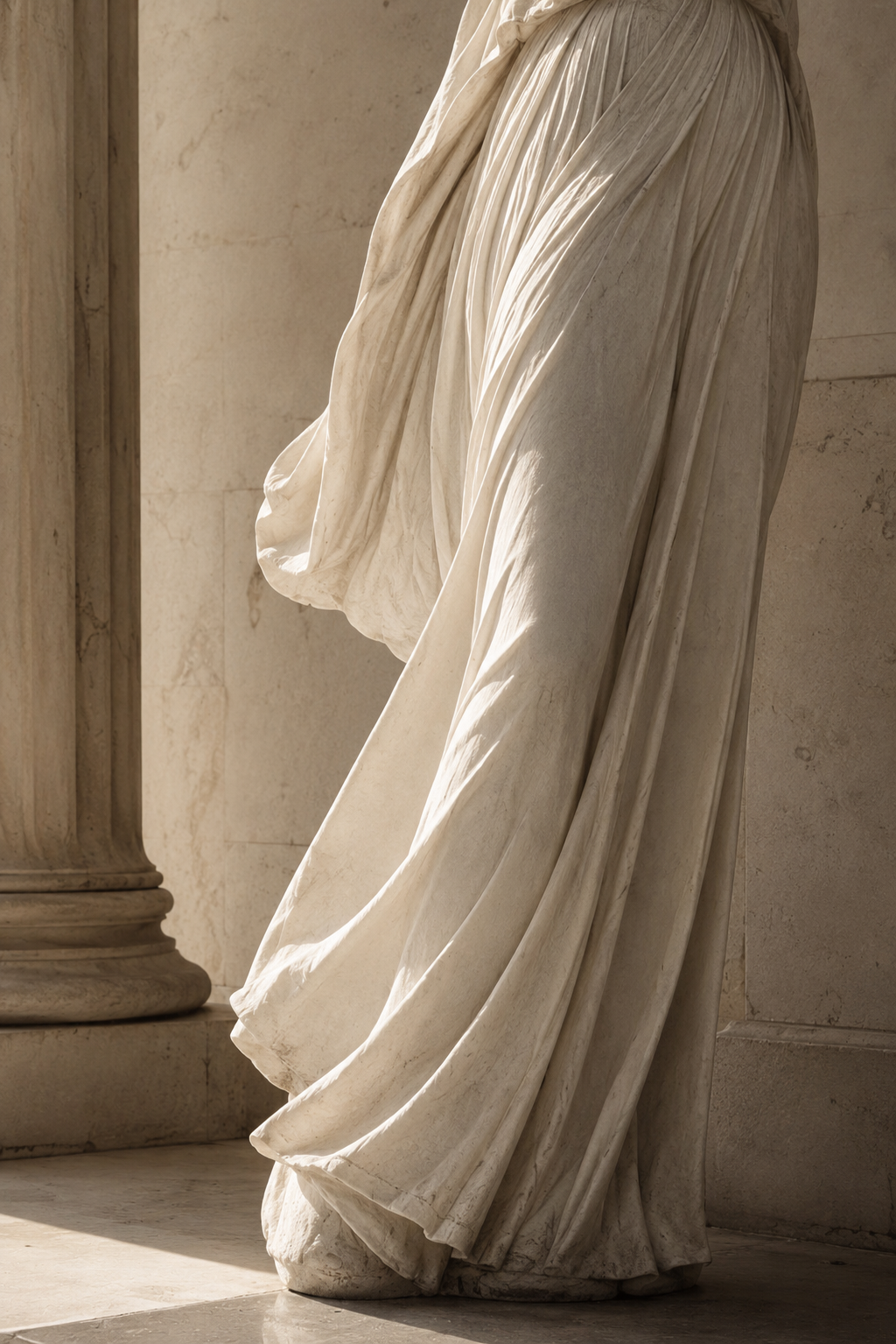 Statue draped in a flowing white garment against a classical architecture background