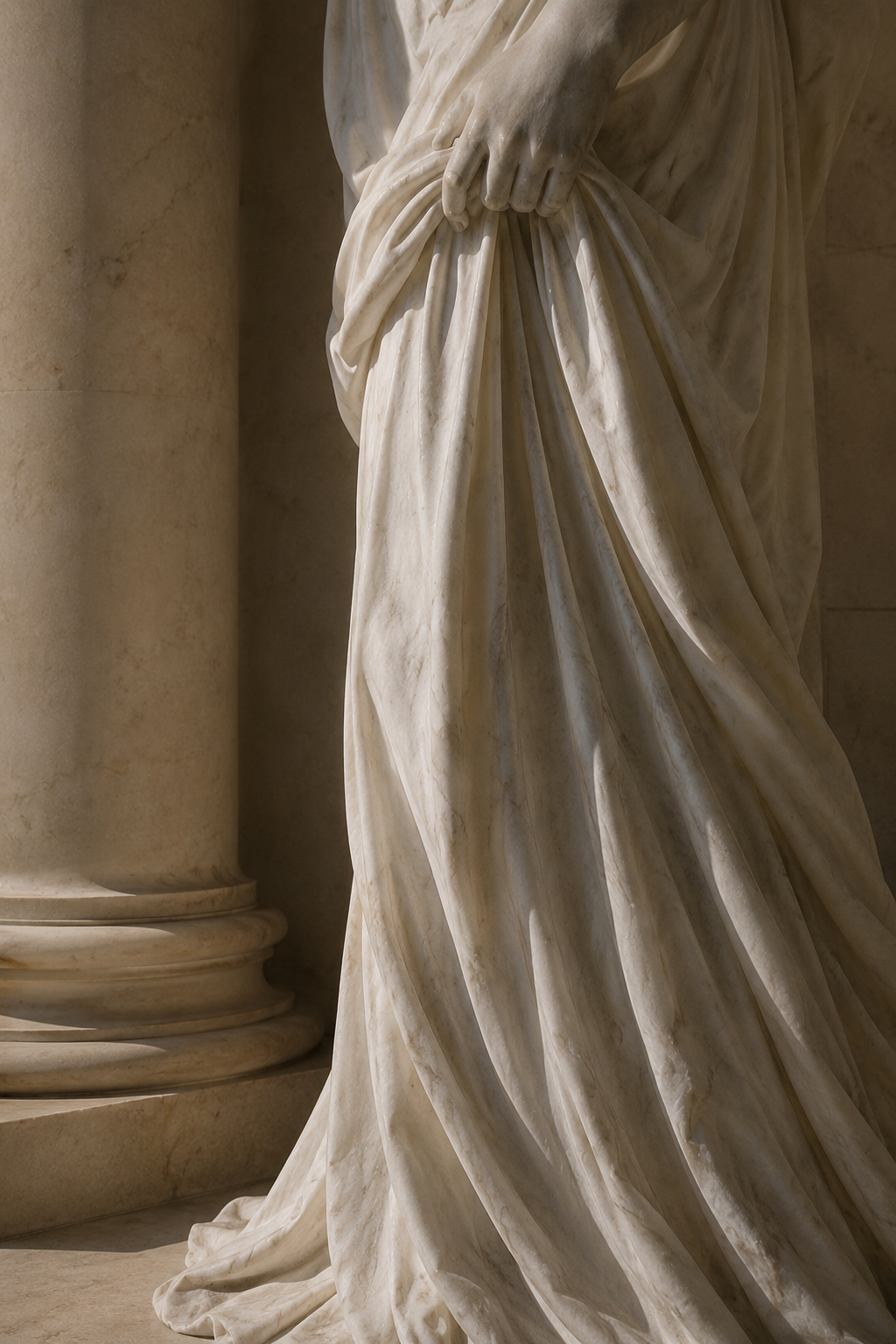 Marble statue of a draped figure in a classical setting