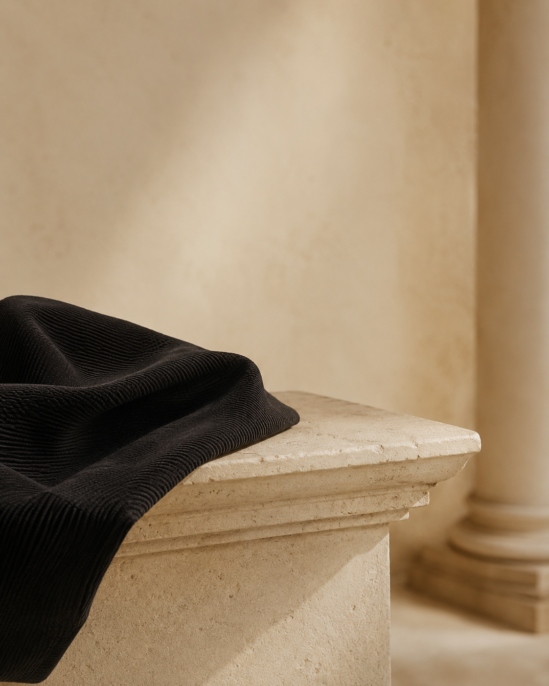 Black fabric draped over a stone ledge against a beige wall.