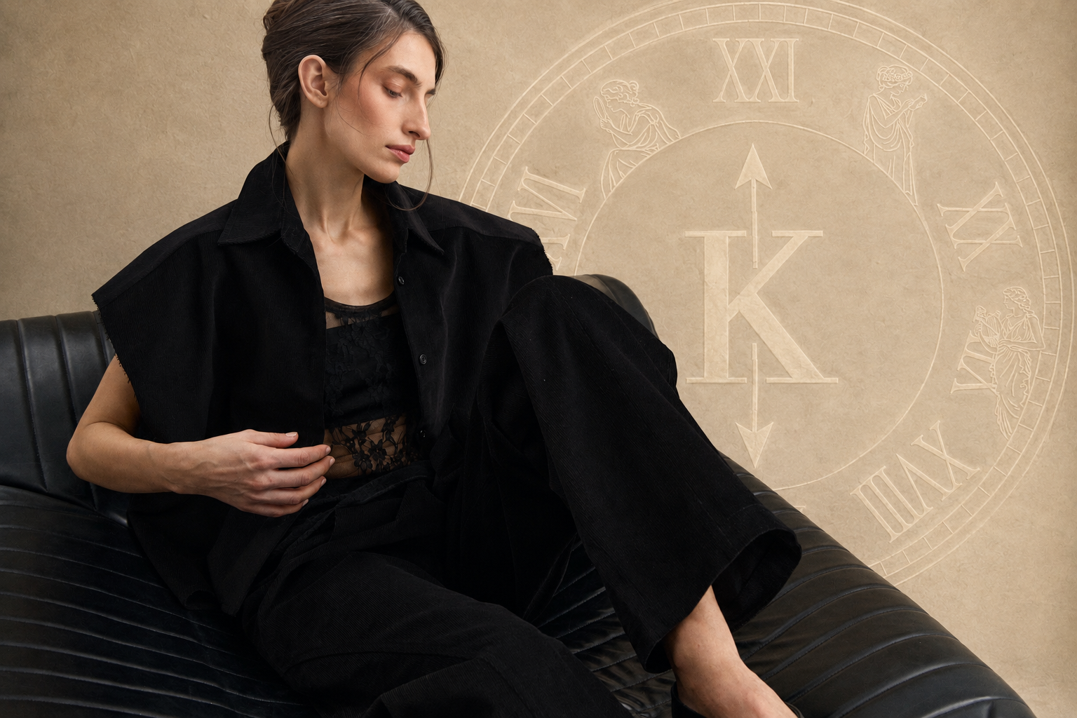 Woman in black outfit sitting on a black chair with a decorative wall in the background